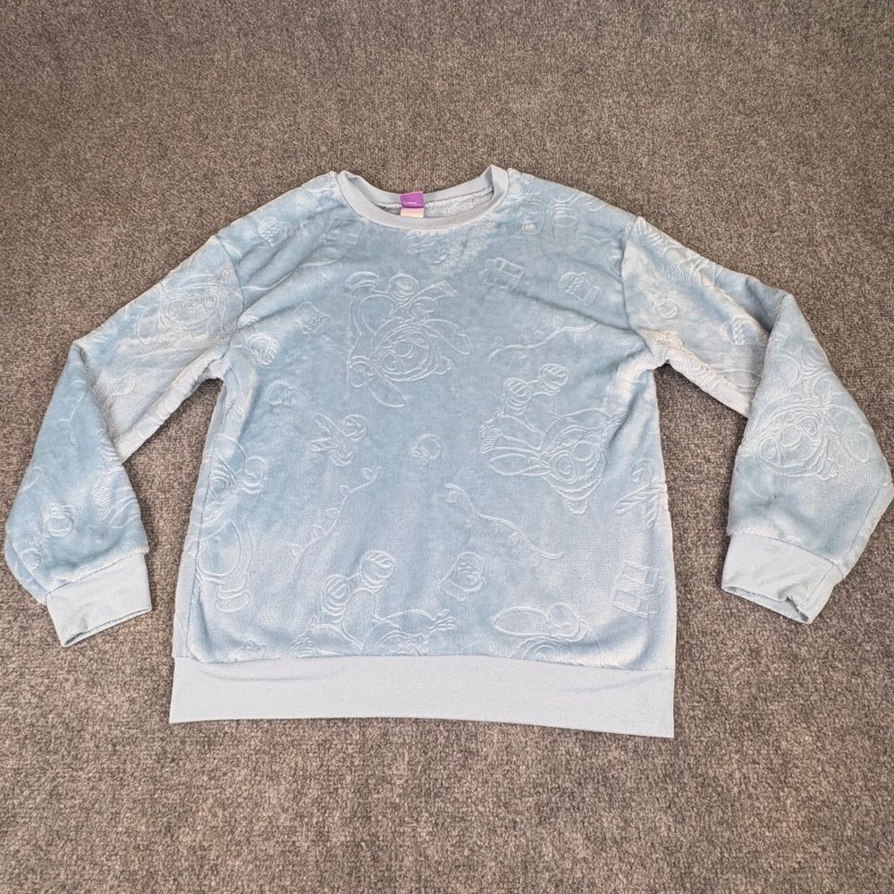 Disney Stitch Plush Sweatshirt Womens M 7-9 Blue Embossed Cozy‎ Lounge Coquette